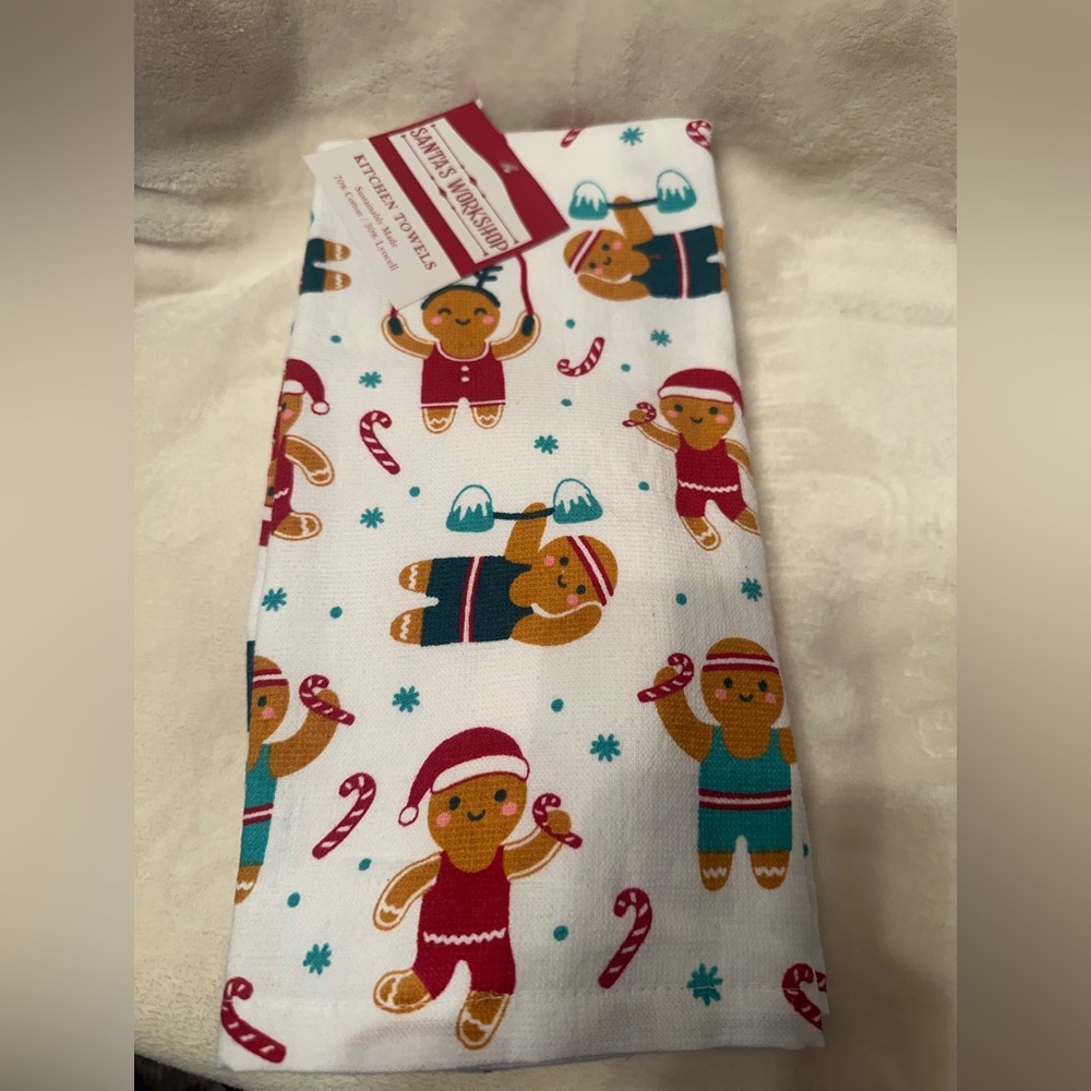 Gingerbread Exercising - 2Pk Santa's Workshop brand kitchen towels